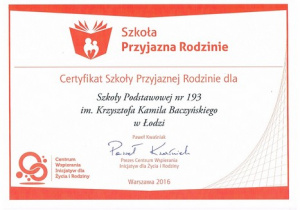 Certyfikat "Szkoła Przyjazna Rodzinie"